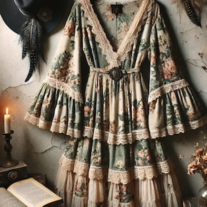 May include: A vintage-style floral print dress with long, flared sleeves and a tiered skirt. The dress features a V-neckline trimmed with lace and a decorative belt buckle. A black hat with feathers hangs in the background, adding to the bohemian aesthetic.