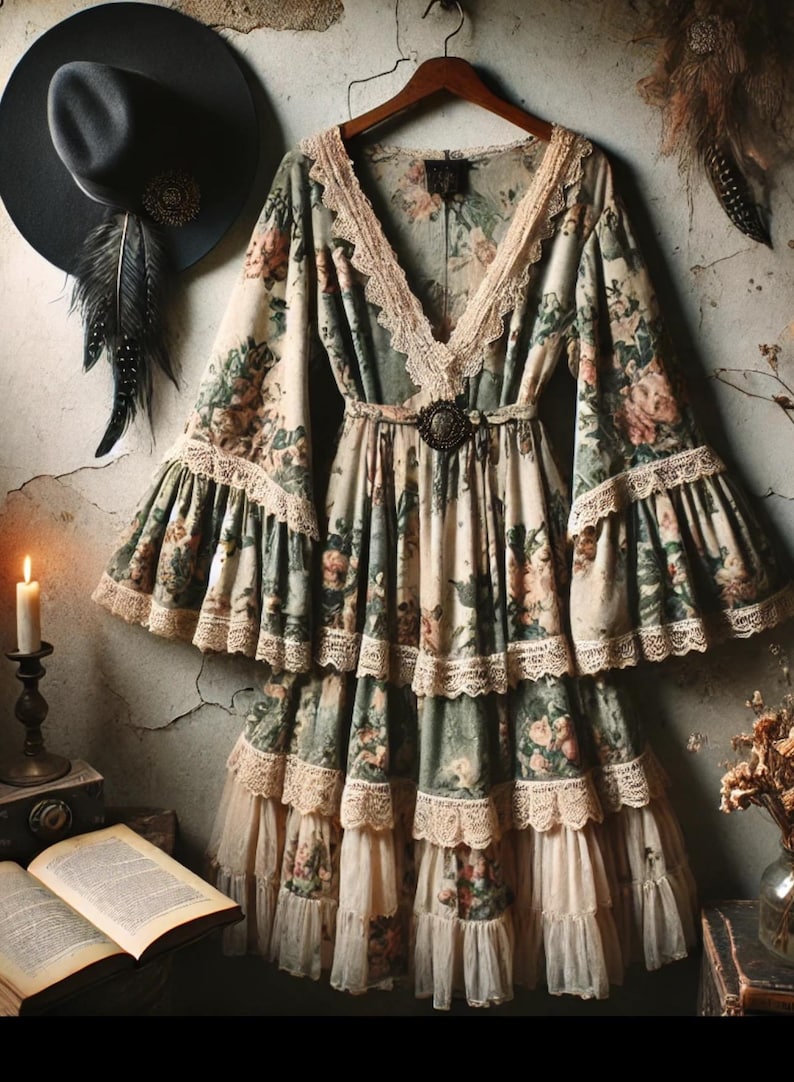 May include: A vintage-style floral print dress with long, flared sleeves and a tiered skirt. The dress features a V-neckline trimmed with lace and a decorative belt buckle. A black hat with feathers hangs in the background, adding to the bohemian aesthetic.