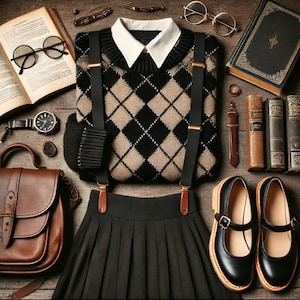 May include: A school-themed flat lay featuring a black and tan argyle sweater with a white collared shirt, black pleated skirt, and black Mary Jane shoes. Accessories include a brown leather satchel, books, and round spectacles.