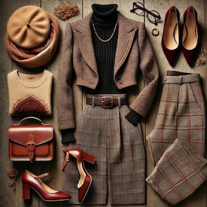May include: A stylish autumn outfit laid out on wood. Features a brown tweed jacket, plaid shorts, a sweater, beret, scarf, handbag, and burgundy heels. Accessories include glasses and jewellery. The ensemble is arranged for a fashionable presentation.