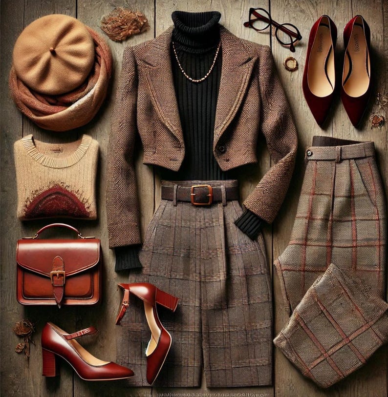 May include: A stylish autumn outfit laid out on wood. Features a brown tweed jacket, plaid shorts, a sweater, beret, scarf, handbag, and burgundy heels. Accessories include glasses and jewellery. The ensemble is arranged for a fashionable presentation.