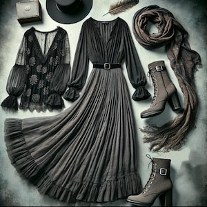 May include: An assortment of dark-colored clothing and accessories, including a long gray dress with a black belt, a black lace top, a black hat, a scarf, and gray lace-up boots. A small, square, brown purse is also present.