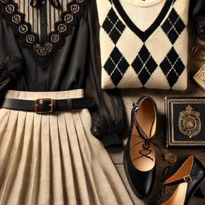 May include: A collection of women's fashion items: a black blouse with lace, a cream pleated skirt, a black and white argyle sweater, and black shoes. The items are displayed on a wooden surface, showcasing a classic style.