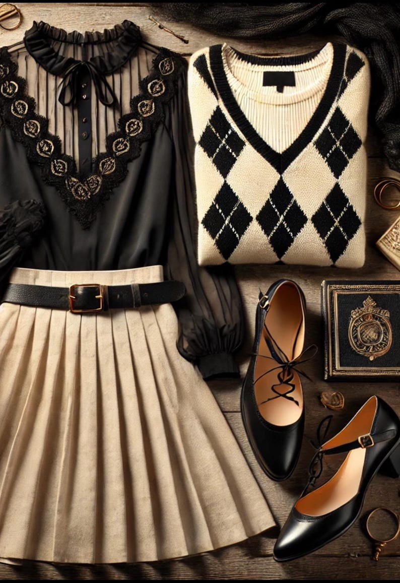 May include: A collection of women's fashion items: a black blouse with lace, a cream pleated skirt, a black and white argyle sweater, and black shoes. The items are displayed on a wooden surface, showcasing a classic style.