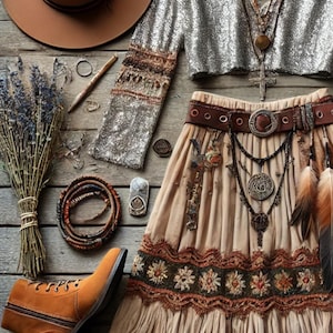 May include: A bohemian-style ensemble featuring a brown hat, a silver sequined top, a tiered skirt with embroidered details, and a brown leather belt. Accessories include layered necklaces, bracelets, and a pair of brown boots. A bundle of lavender and a tarot card are also present.