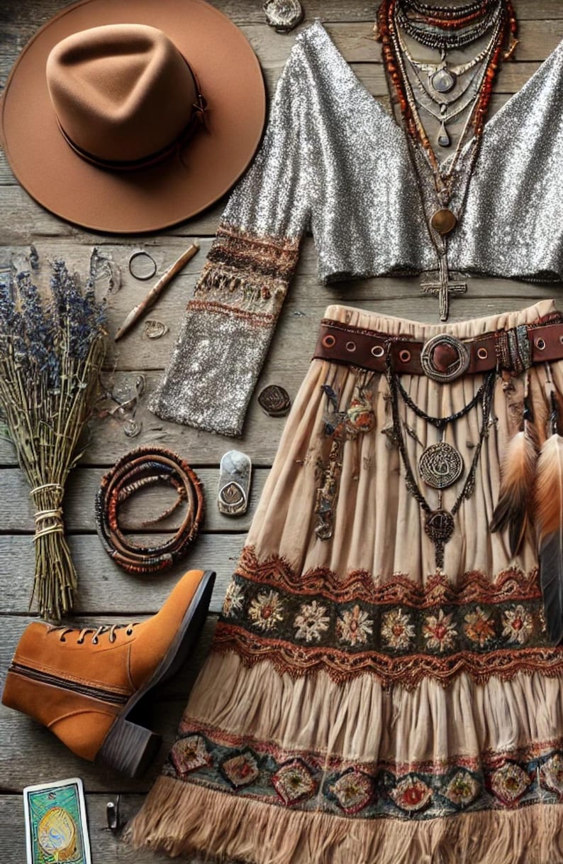 May include: A bohemian-style ensemble featuring a brown hat, a silver sequined top, a tiered skirt with embroidered details, and a brown leather belt. Accessories include layered necklaces, bracelets, and a pair of brown boots. A bundle of lavender and a tarot card are also present.