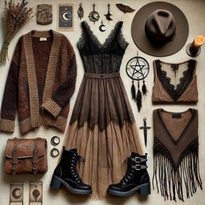 May include: A flat lay of bohemian clothing and accessories in shades of brown, black, and tan. Items include a long cardigan, a dress with lace detailing, a hat, boots, a purse, and tarot cards. A dreamcatcher and a candle are also present.