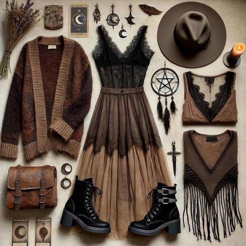 May include: A flat lay of bohemian clothing and accessories in shades of brown, black, and tan. Items include a long cardigan, a dress with lace detailing, a hat, boots, a purse, and tarot cards. A dreamcatcher and a candle are also present.