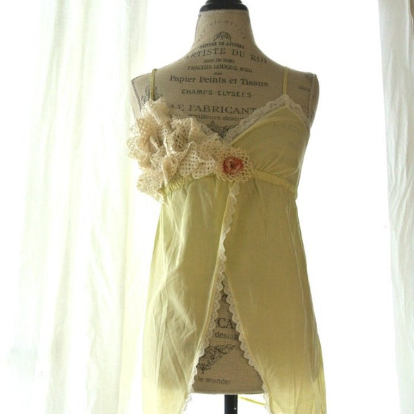 Romantic floral tank top, upcycled womens clothing, cottage cami, yellow shabby shirt, womens clothing