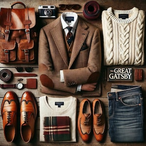 May include: An assortment of men's fashion items arranged on a wooden surface. Includes a brown leather backpack, tweed blazer with elbow patches, cable-knit sweater, jeans, and leather shoes. Accessories include a watch, sunglasses, and a vintage camera.