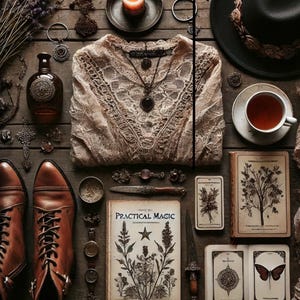 May include: A beige lace top, brown leather lace-up boots, a black hat, a book titled Practical Magic, a tea cup, a glass bottle, a small knife, and various small metal trinkets arranged on a dark wooden surface with dried lavender.