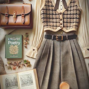 May include: A classic outfit arrangement with a brown leather satchel, spectacles, and a green book titled "ENGLISH POETRY." The ensemble includes a cream blouse, a plaid vest, a pleated skirt, and a black belt. A glass of liquid and an open book complete the scene.