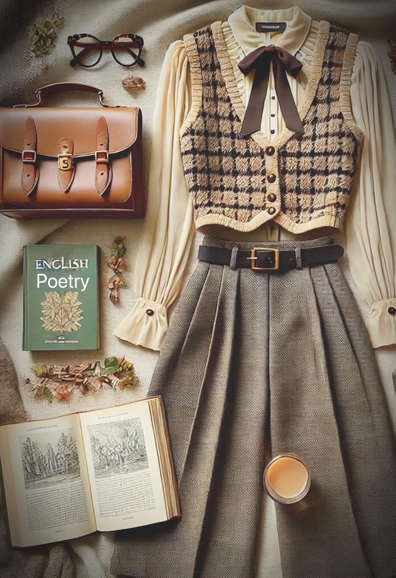 May include: A classic outfit arrangement with a brown leather satchel, spectacles, and a green book titled "ENGLISH POETRY." The ensemble includes a cream blouse, a plaid vest, a pleated skirt, and a black belt. A glass of liquid and an open book complete the scene.
