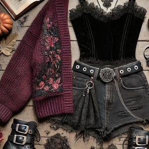 May include: A dark aesthetic ensemble featuring a burgundy sweater with floral embroidery, a black corset top, distressed denim shorts, and chunky black boots. Accessories include a belt, jewelry, and an open book.