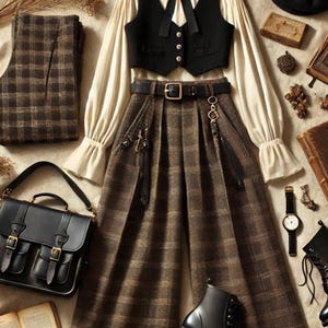 May include: A vintage-style outfit comprising a black waistcoat, cream blouse, and brown plaid culottes. The ensemble includes a black leather satchel, boots, and a watch. A black belt and beret complete the look, evoking a classic aesthetic.