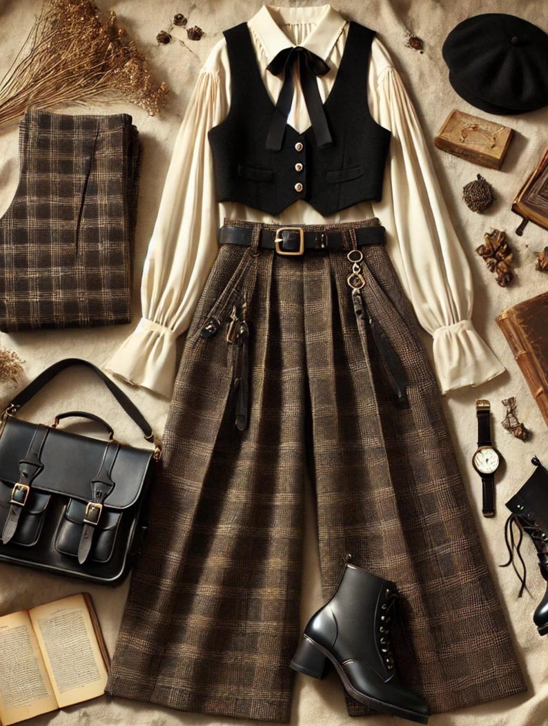 May include: A vintage-style outfit comprising a black waistcoat, cream blouse, and brown plaid culottes. The ensemble includes a black leather satchel, boots, and a watch. A black belt and beret complete the look, evoking a classic aesthetic.