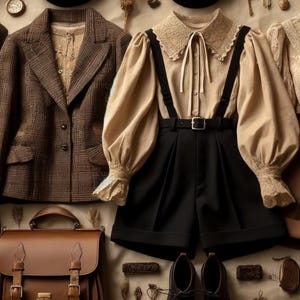May include: A collection of vintage-style clothing and accessories. Features a brown plaid blazer, a beige blouse with a lace collar and black shorts with braces. Also, a brown leather satchel, black shoes, and a black beret.