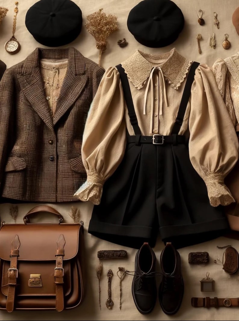 May include: A collection of vintage-style clothing and accessories. Features a brown plaid blazer, a beige blouse with a lace collar and black shorts with braces. Also, a brown leather satchel, black shoes, and a black beret.