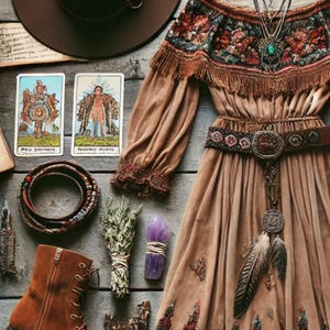 May include: Bohemian-style ensemble featuring a brown hat with a feather, a long-sleeved dress with floral embroidery, and a pair of brown ankle boots. The arrangement includes tarot cards, bracelets, necklaces, and a crystal, all on a wooden surface.