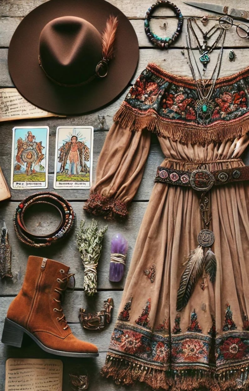 May include: Bohemian-style ensemble featuring a brown hat with a feather, a long-sleeved dress with floral embroidery, and a pair of brown ankle boots. The arrangement includes tarot cards, bracelets, necklaces, and a crystal, all on a wooden surface.