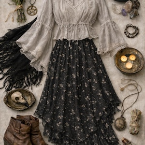 May include: A bohemian-style outfit featuring a gray blouse with bell sleeves and a black floral skirt. Accessories include a black top hat, leather boots, a shawl, jewelry, and a skull. The ensemble is arranged on a neutral-toned surface.