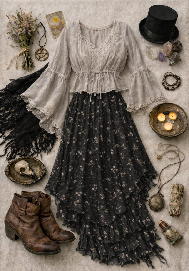 May include: A bohemian-style outfit featuring a gray blouse with bell sleeves and a black floral skirt. Accessories include a black top hat, leather boots, a shawl, jewelry, and a skull. The ensemble is arranged on a neutral-toned surface.