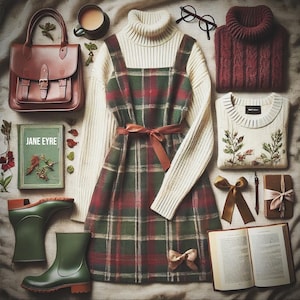 May include: A cosy flat lay arrangement with a brown leather satchel, a tartan dress, a burgundy roll-neck jumper, and a cream sweater with floral embroidery. Other items include a book, glasses, a cup of tea, and green wellington boots.