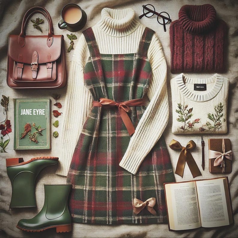May include: A cosy flat lay arrangement with a brown leather satchel, a tartan dress, a burgundy roll-neck jumper, and a cream sweater with floral embroidery. Other items include a book, glasses, a cup of tea, and green wellington boots.