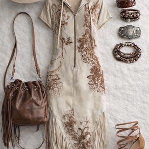 Op de afbeelding: Een assortiment kleding en accessoires in bohemienstijl. Inclusief een crèmekleurige jurk met capuchon en bruin bloemenborduurwerk, een bruine leren tas met franjes, een hoed met brede rand, diverse armbanden en sandalen met hoge hakken en bandjes.