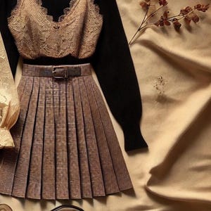 May include: An outfit comprising a black turtleneck, a beige lace camisole, and a brown pleated skirt with a belt. A black satchel bag and a gold necklace are also visible. The ensemble is arranged on a beige fabric background.