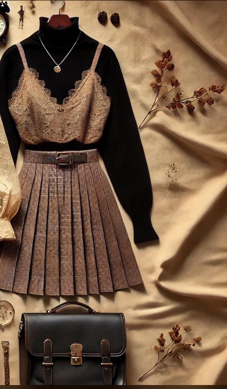 May include: An outfit comprising a black turtleneck, a beige lace camisole, and a brown pleated skirt with a belt. A black satchel bag and a gold necklace are also visible. The ensemble is arranged on a beige fabric background.