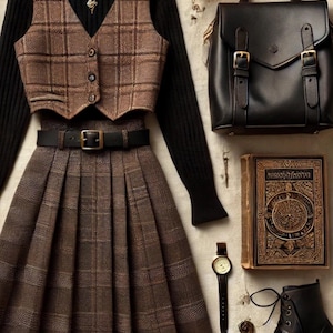 May include: An autumnal outfit comprising a brown plaid waistcoat and pleated skirt, with a black turtleneck, belt, and leather satchel. Accessories include a watch, boots, and a vintage book. The ensemble showcases a blend of textures and patterns.