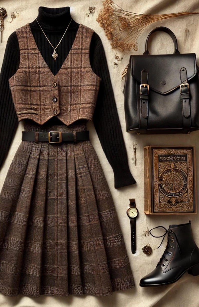 May include: An autumnal outfit comprising a brown plaid waistcoat and pleated skirt, with a black turtleneck, belt, and leather satchel. Accessories include a watch, boots, and a vintage book. The ensemble showcases a blend of textures and patterns.