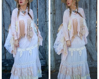 Tea stain boho Gypsy tunic, ragdoll lace top small medium, true rebel clothing