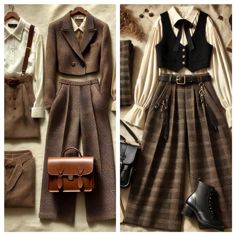 May include: Two outfits are displayed. One features a brown cropped blazer, matching high-waisted trousers, and a brown leather satchel. The other outfit includes a black waistcoat, a white blouse, and plaid trousers. A black leather boot is also shown.