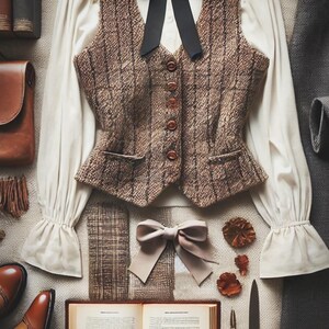 May include: A stylish outfit comprising a brown tweed waistcoat over a white blouse with a black bow. The image includes brown leather shoes, a book, and accessories, evoking a vintage or classic style, with a focus on detail.