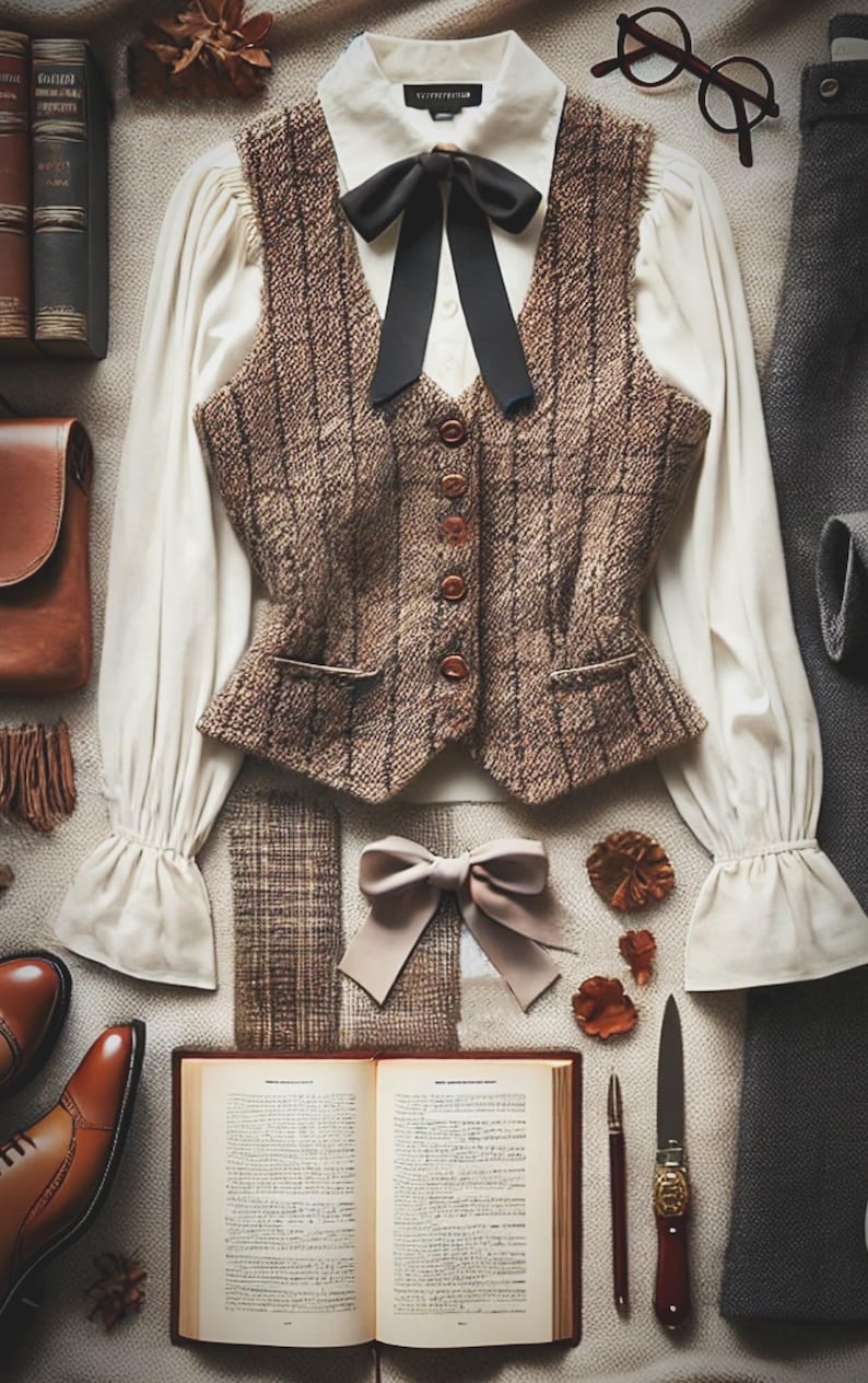 May include: A stylish outfit comprising a brown tweed waistcoat over a white blouse with a black bow. The image includes brown leather shoes, a book, and accessories, evoking a vintage or classic style, with a focus on detail.
