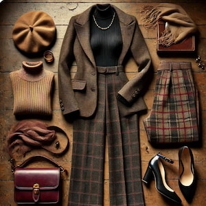 May include: A stylish outfit comprising a brown tweed blazer, plaid trousers, and a black turtleneck. Accessories include a beret, scarf, handbag, and black heels. The arrangement on a wooden surface highlights a classic, sophisticated aesthetic.