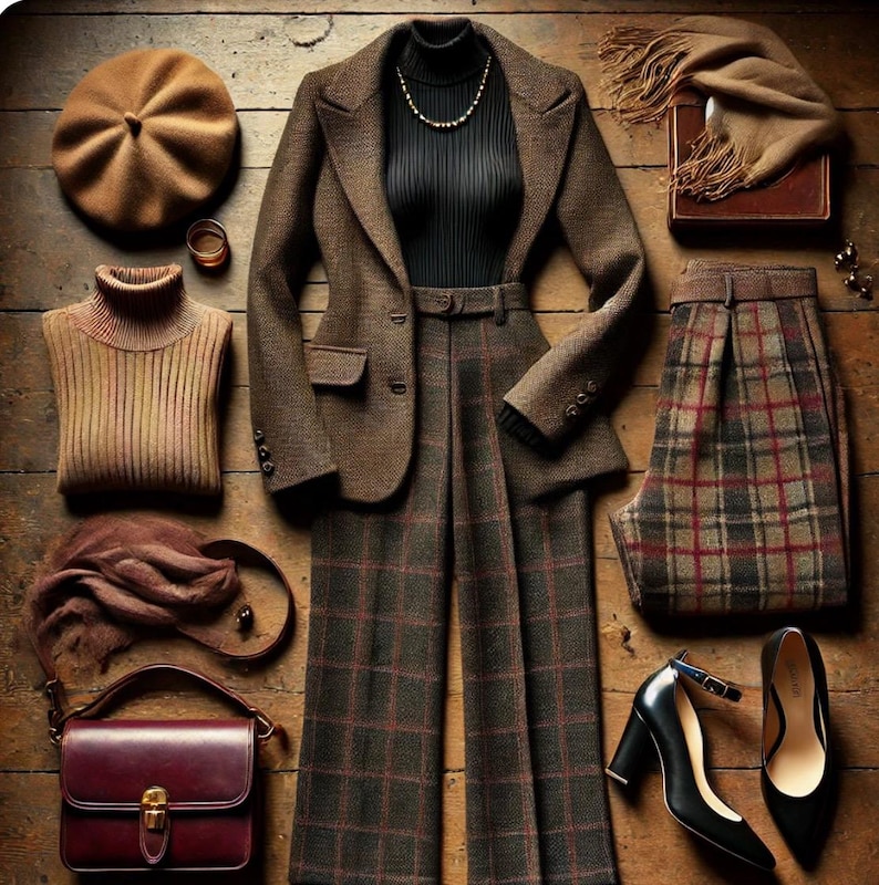 May include: A stylish outfit comprising a brown tweed blazer, plaid trousers, and a black turtleneck. Accessories include a beret, scarf, handbag, and black heels. The arrangement on a wooden surface highlights a classic, sophisticated aesthetic.