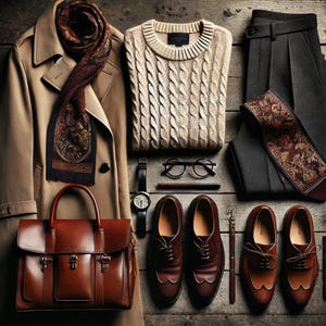 May include: A collection of men's clothing and accessories arranged on a wooden surface. Features a beige trench coat, a cable-knit jumper, grey trousers, brown leather shoes, a briefcase, a watch, glasses, and a patterned scarf and tie.
