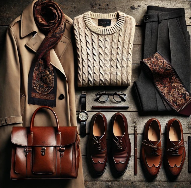 May include: A collection of men's clothing and accessories arranged on a wooden surface. Features a beige trench coat, a cable-knit jumper, grey trousers, brown leather shoes, a briefcase, a watch, glasses, and a patterned scarf and tie.