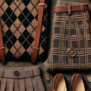 May include: A collection of classic clothing items and accessories. Includes a black and brown argyle sweater with suspenders, plaid trousers, a pleated skirt, and Mary Jane shoes. Gold-toned jewellery and spectacles complete the look.