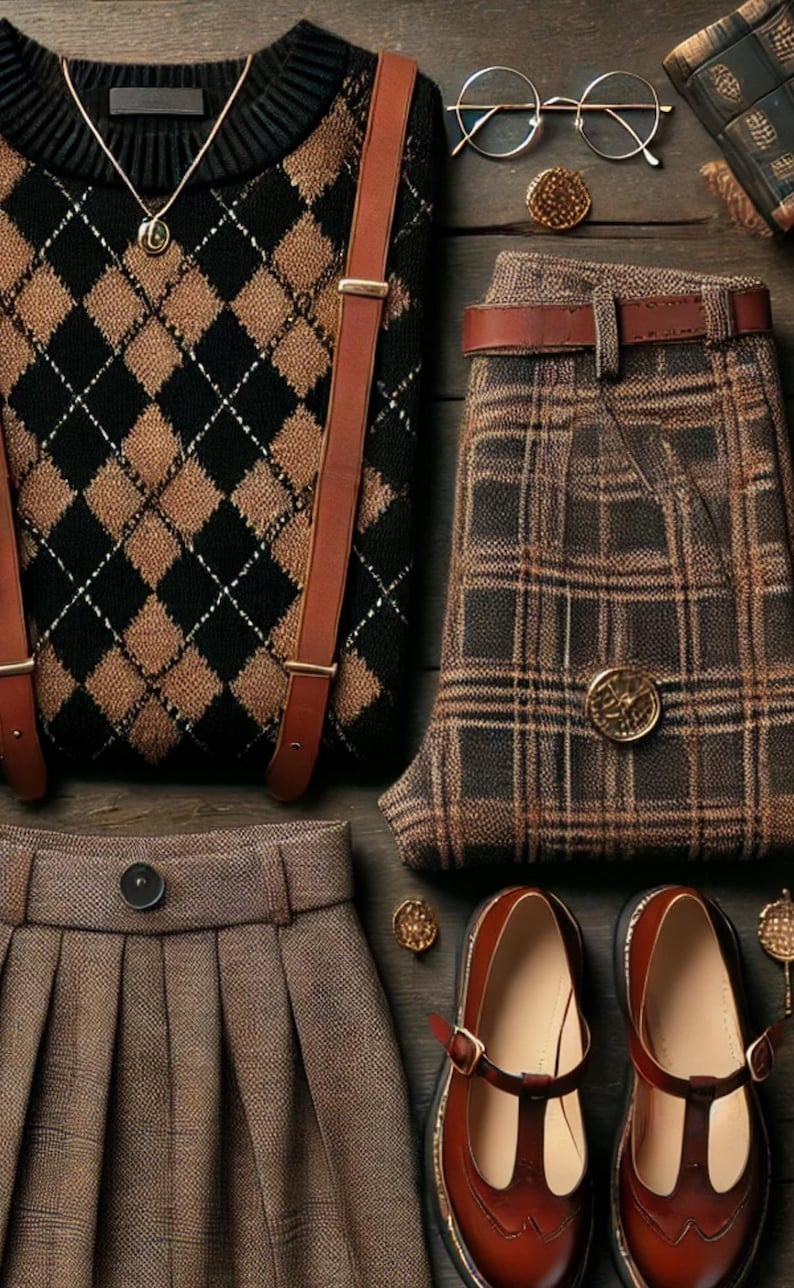 May include: A collection of classic clothing items and accessories. Includes a black and brown argyle sweater with suspenders, plaid trousers, a pleated skirt, and Mary Jane shoes. Gold-toned jewellery and spectacles complete the look.