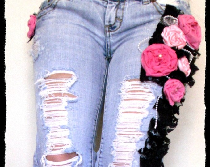 Lowrise Embellished Shredded Bootcut Jeans Urban Chic Shabby Etsy