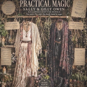 May include: A Practical Magic Sally and Gilly Owen Halloween costume bundle featuring two outfits. The Sally outfit includes a floral maxi skirt, a cream crochet kimono, and layered necklaces. The Gilly outfit includes a black slip dress, a dark patterned kimono, and layered necklaces. Text overlays describe the characters and bundle contents.