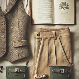 May include: A stylish arrangement featuring a tweed waistcoat, striped shirt, tan trousers, and olive green wellington boots. An open book and a small bow are also present. The items are displayed on a textured surface.