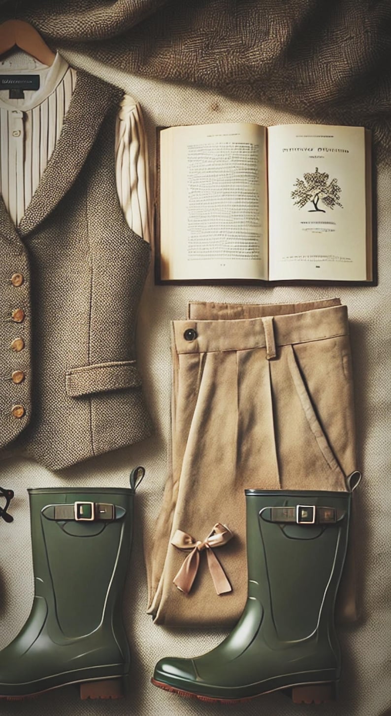 May include: A stylish arrangement featuring a tweed waistcoat, striped shirt, tan trousers, and olive green wellington boots. An open book and a small bow are also present. The items are displayed on a textured surface.