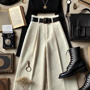 May include: An elegant outfit comprising a black roll-neck sweater, cream-coloured wide-leg trousers with a black belt, and black lace-up boots. Accessories include a black beret, a watch, a black satchel, and a necklace. Books and a vintage typewriter are also present.