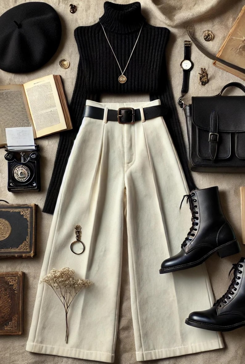May include: An elegant outfit comprising a black roll-neck sweater, cream-coloured wide-leg trousers with a black belt, and black lace-up boots. Accessories include a black beret, a watch, a black satchel, and a necklace. Books and a vintage typewriter are also present.