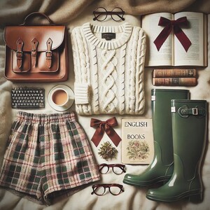 May include: A collection of autumnal items: a brown leather satchel, cream cable-knit sweater, plaid shorts, green wellington boots, books, and spectacles. A cup of tea and a miniature typewriter add to the cosy, autumnal theme. The wellington boots are approximately 30 cm tall.